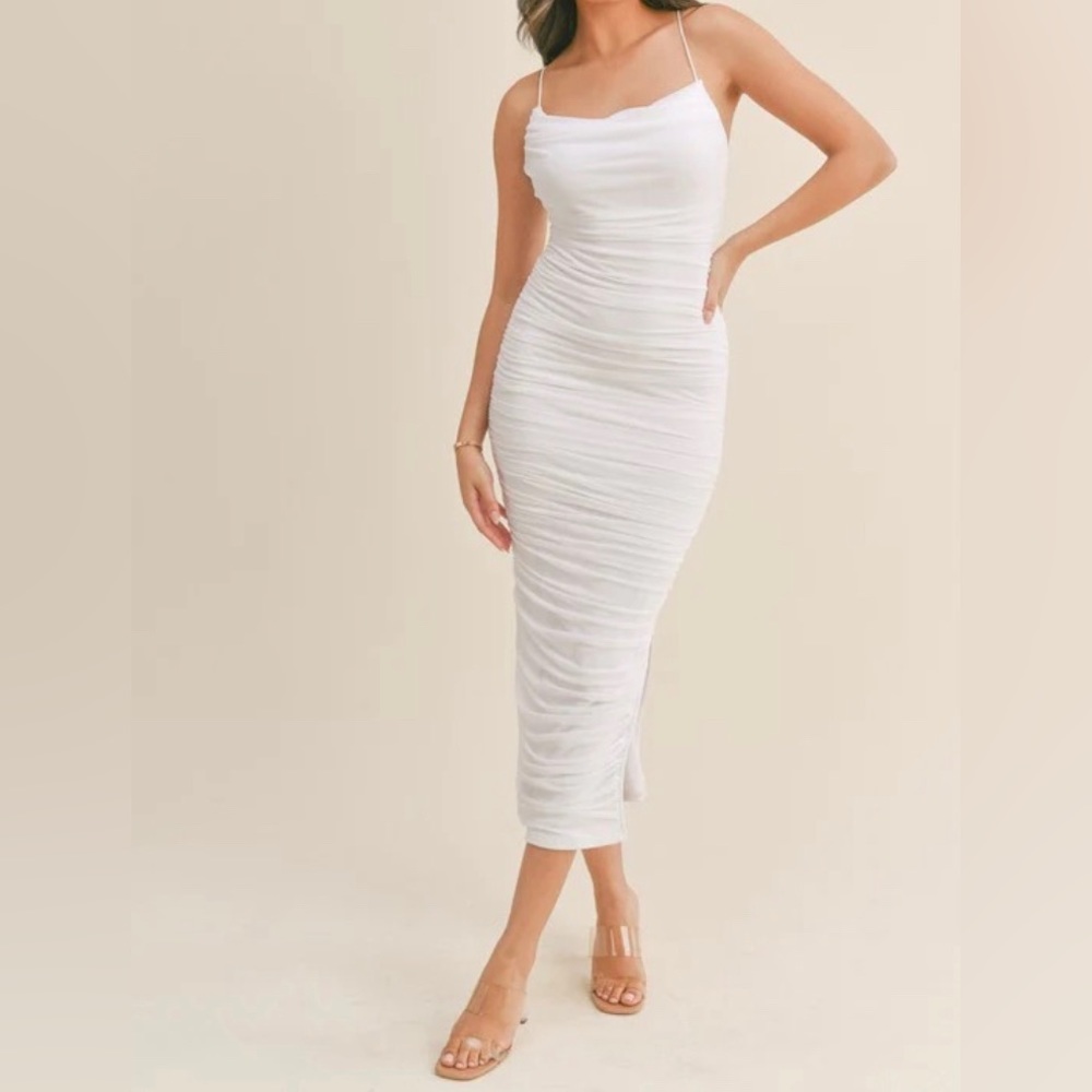 White Ruched Cowl Neck Midi Dress - Gem